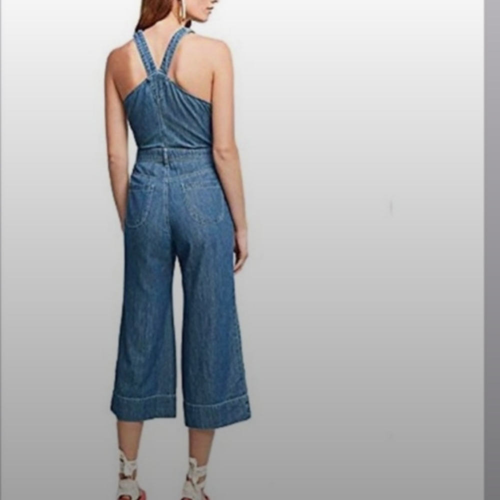 Anthropologie Pilcro Femme Denim Chambray Wide Leg Crop Jumpsuit Size 4 - Picture 5 of 16